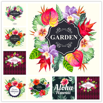 A0998矢量复古热带花卉图案扶桑花红掌龟背竹鸡蛋花 AI设计素材