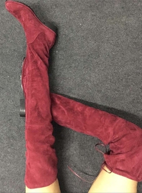 silla rulers女鞋低跟女过膝长靴  真皮酒红黑色啡色舒适