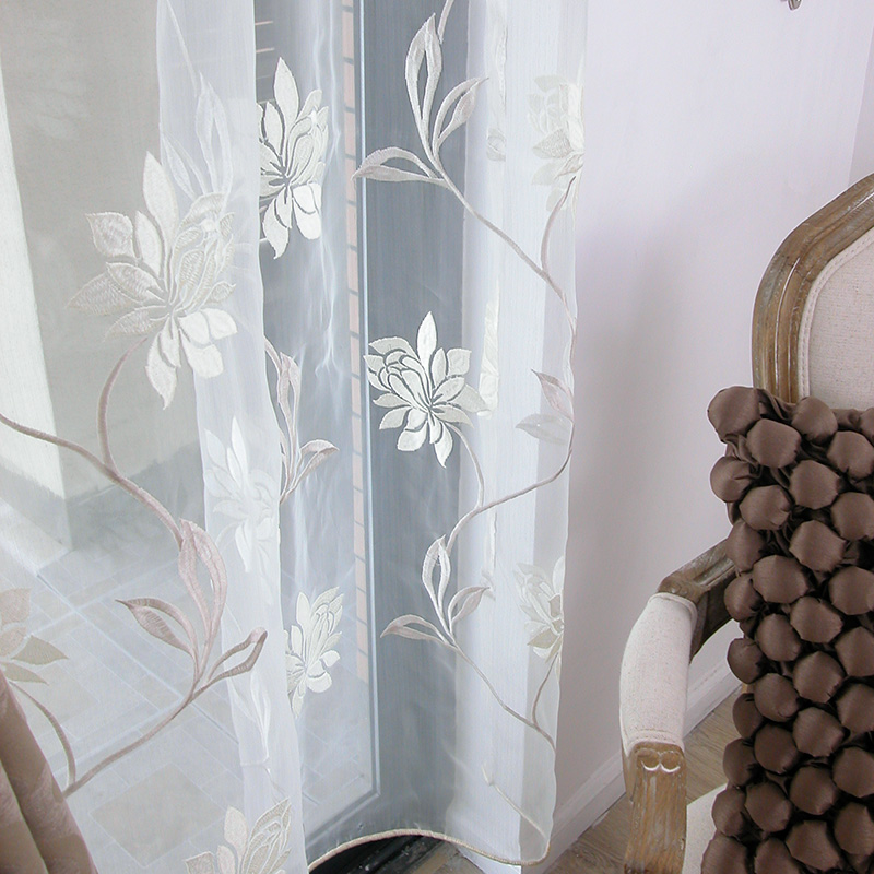 宋代中式牡丹花立体刺绣 客厅卧室白色透光窗纱透景欧根绣花纱帘