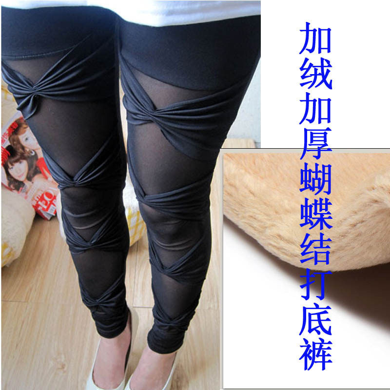 2023韩版秋冬女蝴蝶结打底裤网纱拼接透视九分裤加绒加厚小脚裤