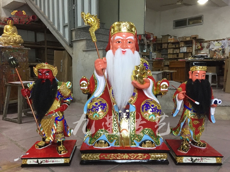 木雕神像土地公文武判官福德正神68配48cm香樟木线雕九莲木雕