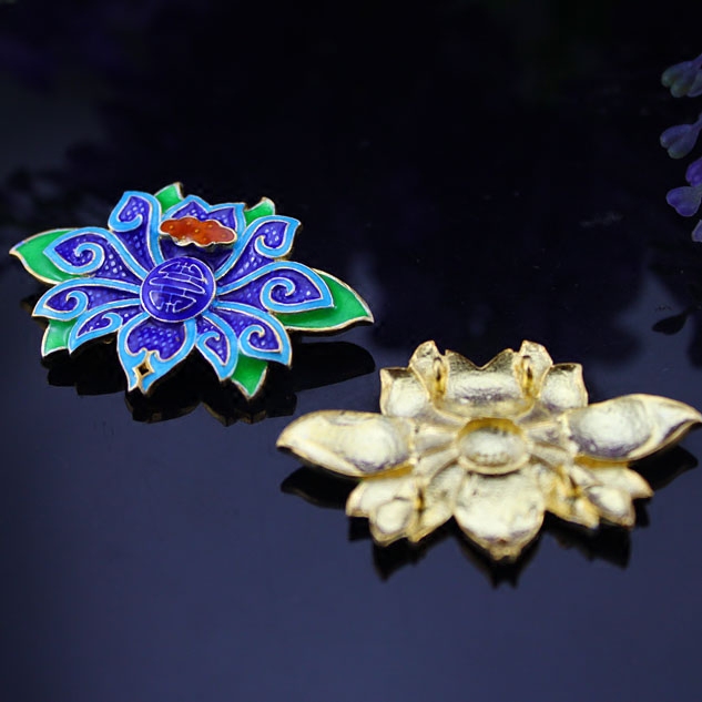 莲花纹tl45纯铜烧蓝配件diy饰品配件鎏金珐琅项链配件30*45mm