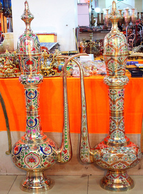 进口印度手工艺品铜器一米八铜雕彩绘民族壶福到喜到财到YT400