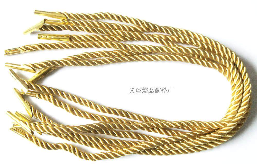 手提袋绳子,5mm金属头三股绳卡头绳铁头绳,金色马仔扣,提手绳