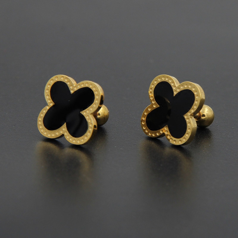 正品韩国 礼物 玫瑰金钛钢幸运四叶草耳钉女黑色耳环耳饰品时尚