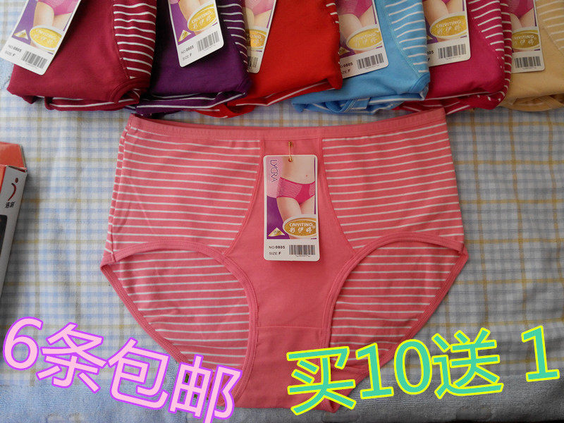 正品彩伊婷0805纯棉中腰大码内裤女士高腰细边条纹中老年三角底裤