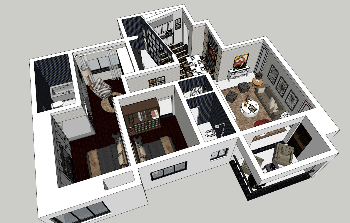 完整后现代室内草图大师su模型sketchup环艺室内设计室内skp模型