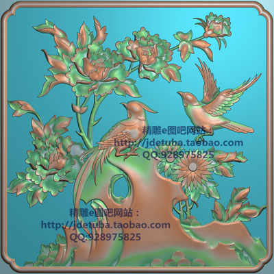 高清设计素材精雕图 灰度图浮雕精品檀雕牡丹花鸟背板门板187x187