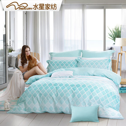 水星家纺 全棉斜纹印花四件套 初夏之音 纯棉条纹简约 2017新品