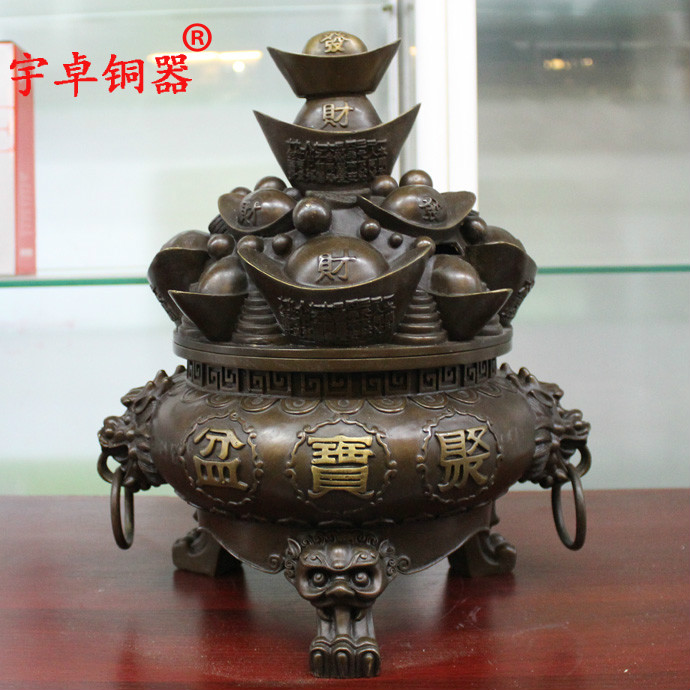 宇卓铜器 纯铜聚宝盆摆件黄铜元宝聚宝盆家居装饰品工艺品摆件