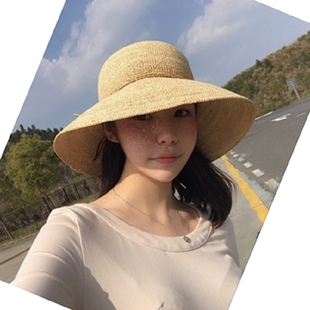 大檐沙滩帽防紫外线遮阳帽可折叠 特细出游拉菲草帽子 女士夏韩版