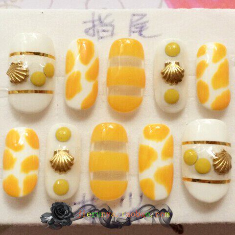 白色手工定做光疗甲黄色甲片金线美甲贴片贝壳假指甲成品天蓝色甲