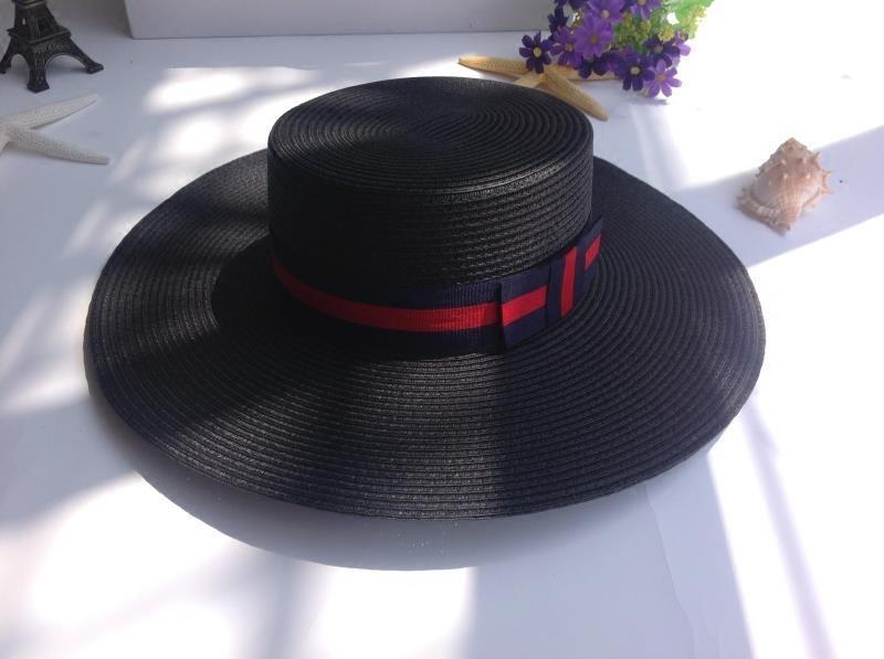 新款超宽边韩版夏天防晒英伦爵士休闲黑色平顶平边帽纸辫黑色草帽
