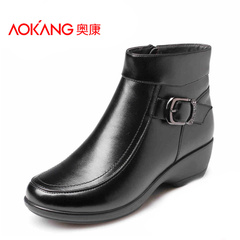 Aokang shoes winter sales Europe, simple, comfortable and authentic MOM and really belt buckle side zipper short boots shoes