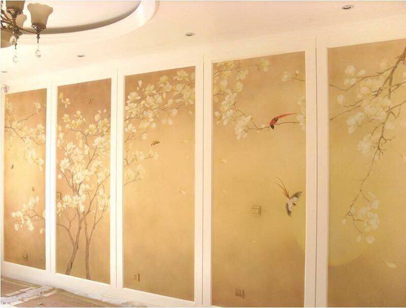 手绘墙纸壁布壁画真丝手绘工笔玉兰花鸟淡金色中式背景墙
