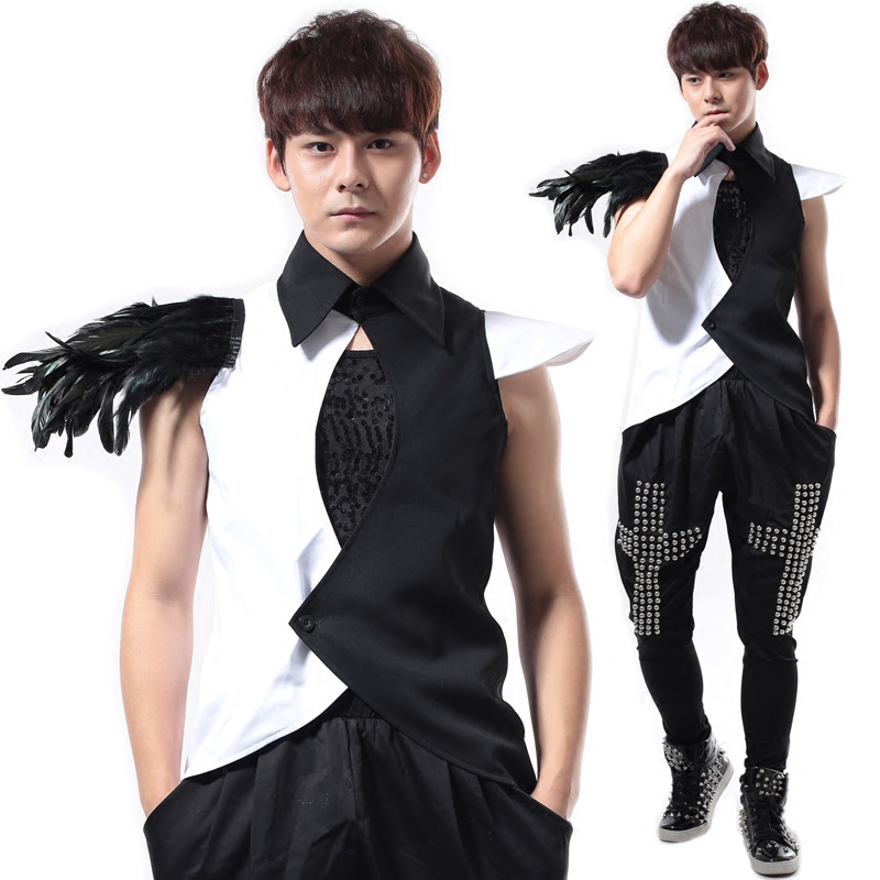 夜店男歌手酒吧DJ衬衫摇滚朋克DS韩版服装羽毛马甲DS表演演出服男