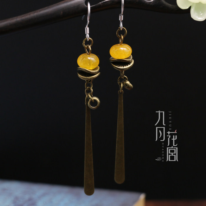 古代古典古风长款气质纯银黄色流苏耳环 复古创意耳饰显瘦耳坠女