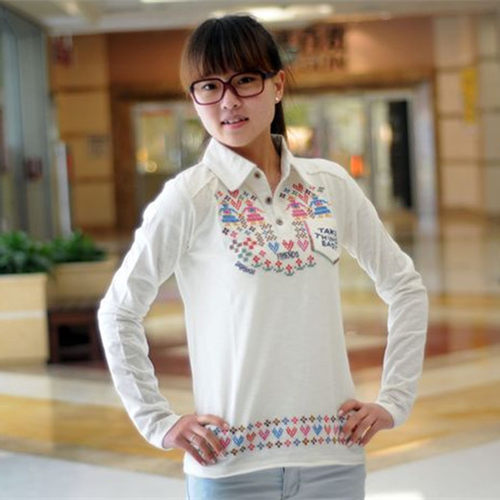 修身显瘦纯棉rough民族刺绣竹节棉长袖t恤女装韩版上衣贴布打底衫