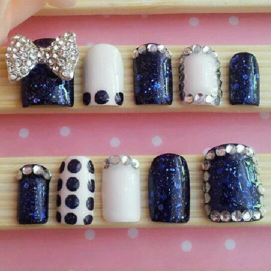 成品手工光疗美甲甲片 蓝色闪亮钻假定做贴片长短款指甲彩妆 包邮