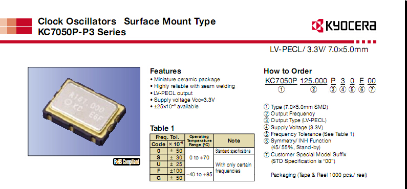 LVPECL 3.3V 156.254M 156.2540MHZ 差分晶振7050 6脚5*7 KYOCERA