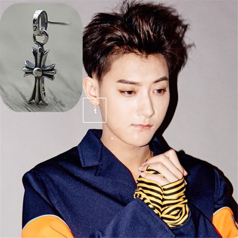 萌探黄子韬同款十字架耳钉银针军花泰银复古做旧个性高级感男男款