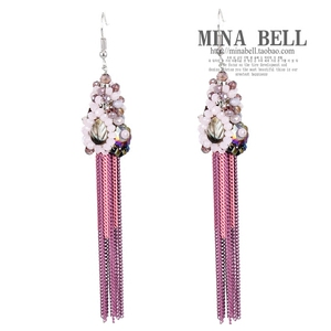 包邮手工韩版 精致 串珠水晶 贝母叶子 流苏耳环 长款耳坠 配饰