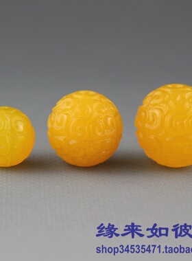 14/18/20mm雕刻仿古纹黄色玛瑙散珠圆珠佛珠手串隔珠DIY手链配件