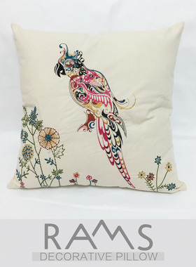 新古典样板间沙发床头抱枕套 全棉鹦鹉彩色刺绣花艺术装饰腰靠垫