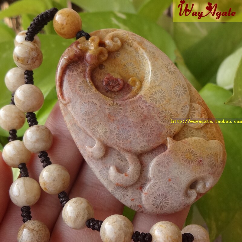 精品天然珊瑚玉满花菊花石如意貔貅吊坠项链女款秋冬毛衣链仿古雕