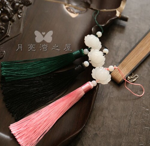 月亮扇子配件 精美扇子挂件 扇坠 白色玉石莲花流苏 扇穗 多色入 - 封面