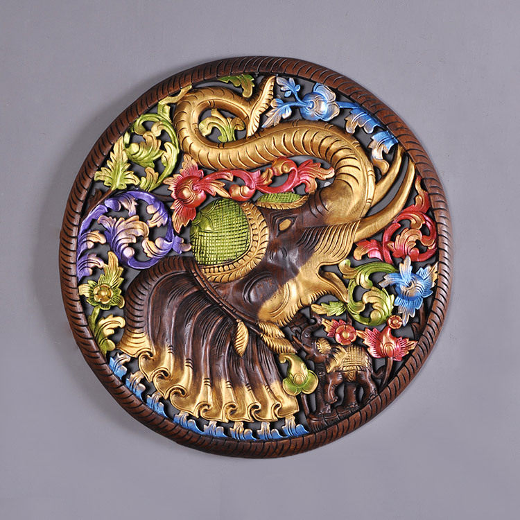 泰国家居饰品 彩绘镂空柚木雕花板 大象木雕壁挂背景墙装饰圆形