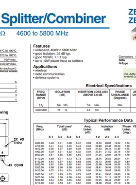 4600-5800MHz 射频一分四功分器 代替 ZB4PD1-5.8  Mini-Circuits