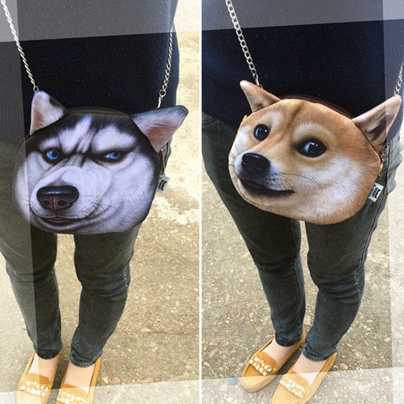 创意汪星人秋田柴犬哈士奇二哈doge立体小狗印花单肩斜挎链条包