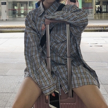 外套夏防晒衣bf衬衣 女韩版 卤卤lulu复古港味宽松长袖 紫色格子衬衫