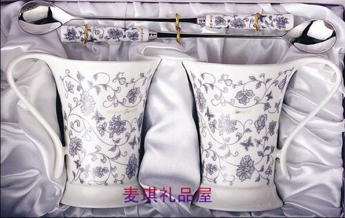 韩国进口厨美餐具TOPMATE结婚礼物礼物情侣骨瓷对水杯蝴蝶灰礼盒