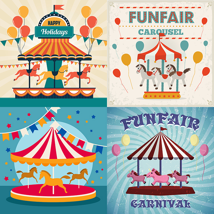 旋转木马海报 卡通游乐园旋转木马插画 ai格式矢量设计素材