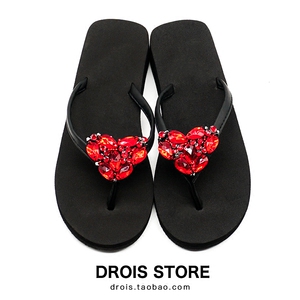 黑色人字拖女夏时尚外穿平跟水钻pu度假拖鞋海边坡跟手工沙滩拖鞋