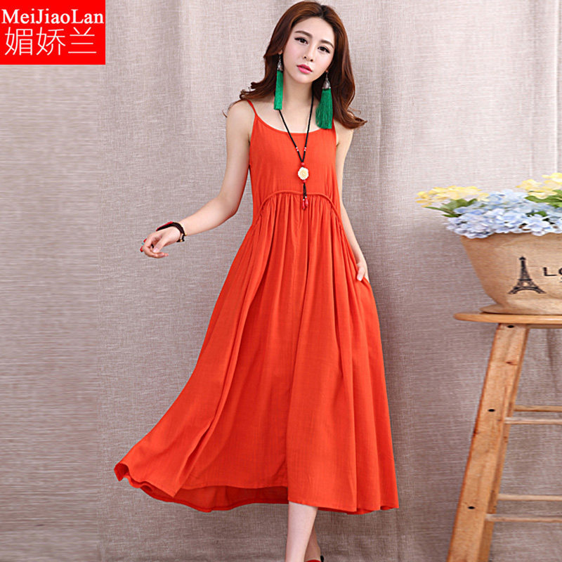 民族风连衣裙春夏胖mm文艺范显瘦大摆中长过膝吊带背心裙大码女装