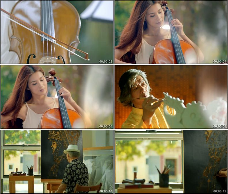 艺术家一组拉大提琴美女雕刻画画高清实拍视频素材