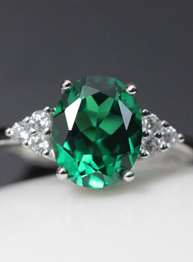 韩版潮人祖母绿宝石碧玺戒指女款纯银的镶嵌彩宝首饰银戒开口指环