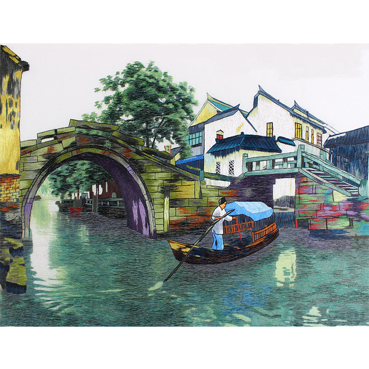 苏绣diy套件针迹扫描水乡风景画江南水乡小桥流水手工刺绣图案