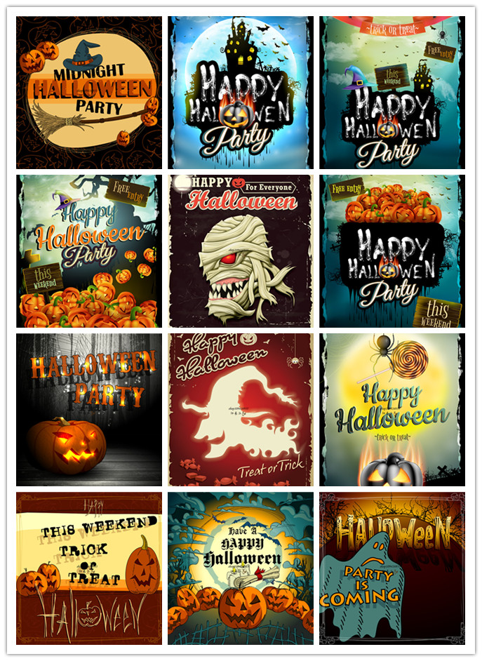 矢量设计素材 欧美复古海报模板万圣节南瓜城堡 EPS格式 14P