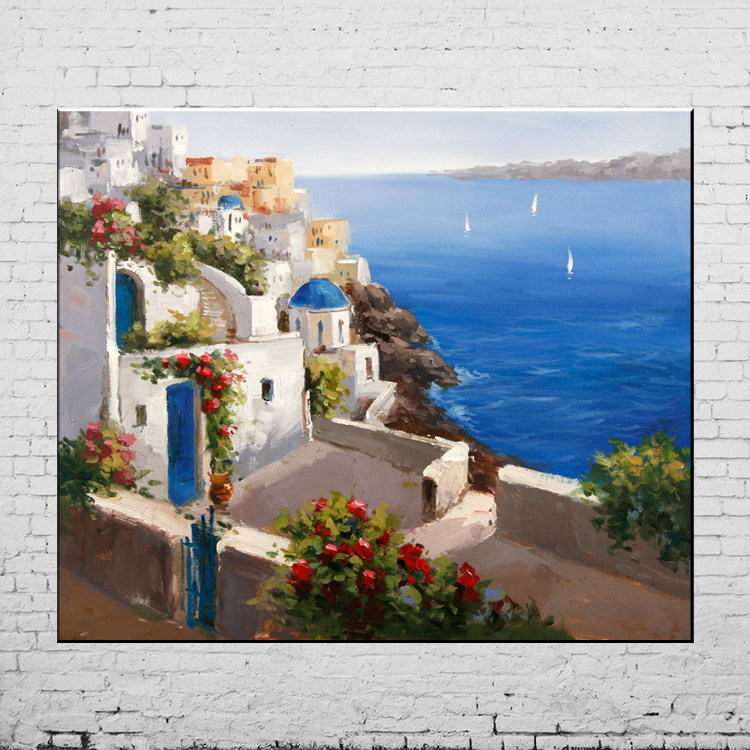 工厂直销手绘装饰画.油画地中海圣托里尼印象风景油画  爱情海