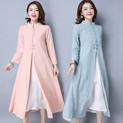 2017春新款民族风复古女装棉麻连衣裙中长款茶服中国风披肩