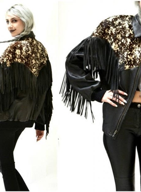 Jacket㊣美国代购 古着老式80年代流苏拉链摩托车黑色皮革皮衣