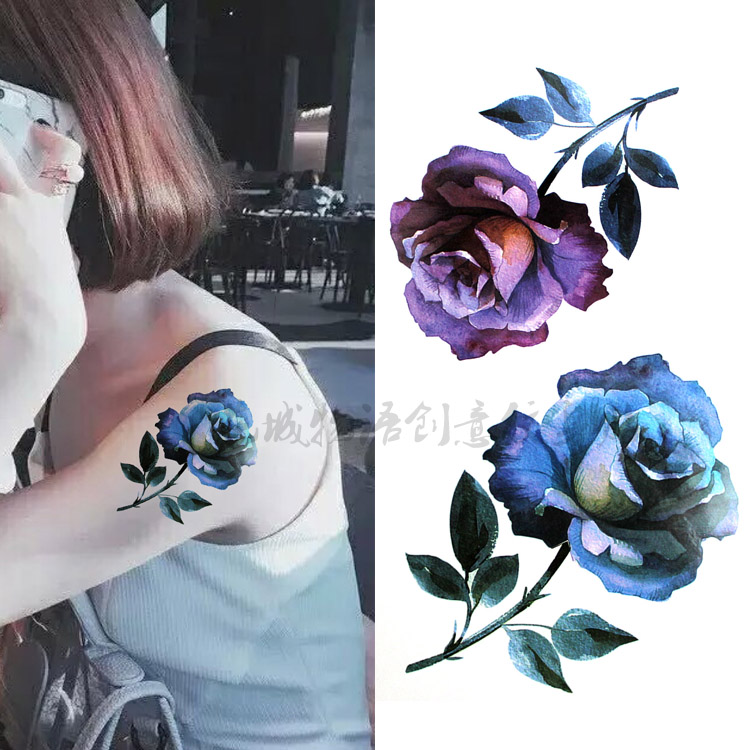防水纹身贴女款 玫瑰紫蓝色大花朵 水彩画小清新背部胸部胳膊贴花