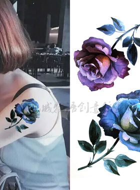 3张 防水纹身贴女款 玫瑰紫蓝色大花朵 水彩画小清新背部胸部