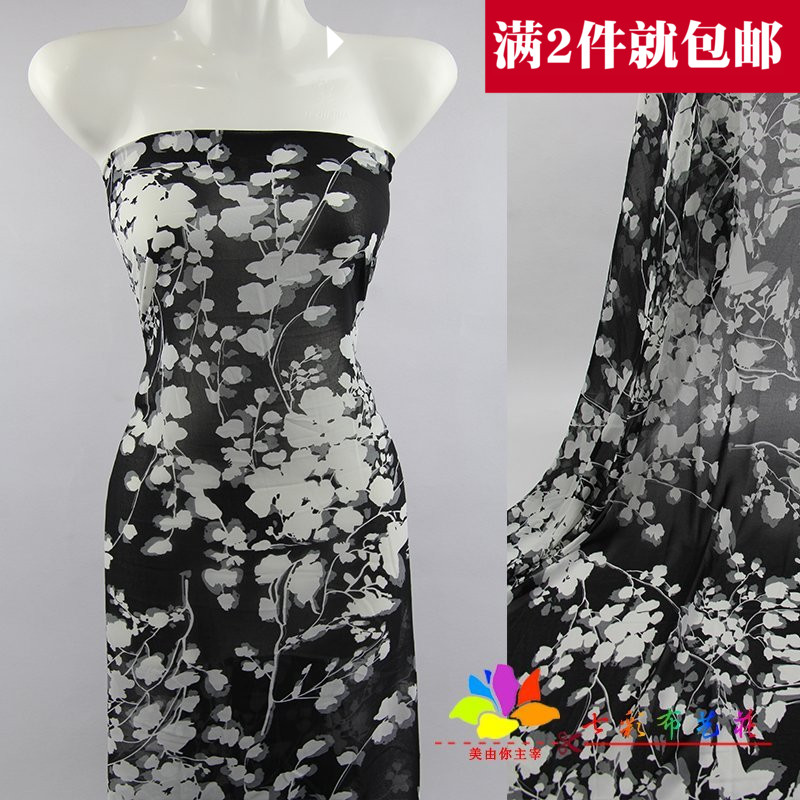 印花布料黑白花型古装汉服服装面料春夏季女连衣裙装雪纺衫清仓