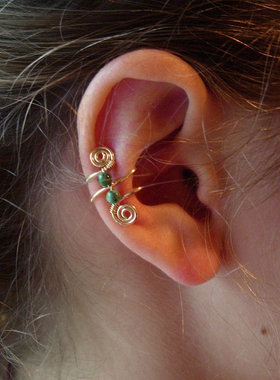 Merlin㊣美国代购 手作真正绿松石漩涡精灵人鱼设计14K金耳夹耳袖