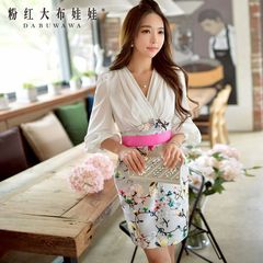 Slim dress pink doll 2015 fall women's class v neck Bell sleeve slim dress